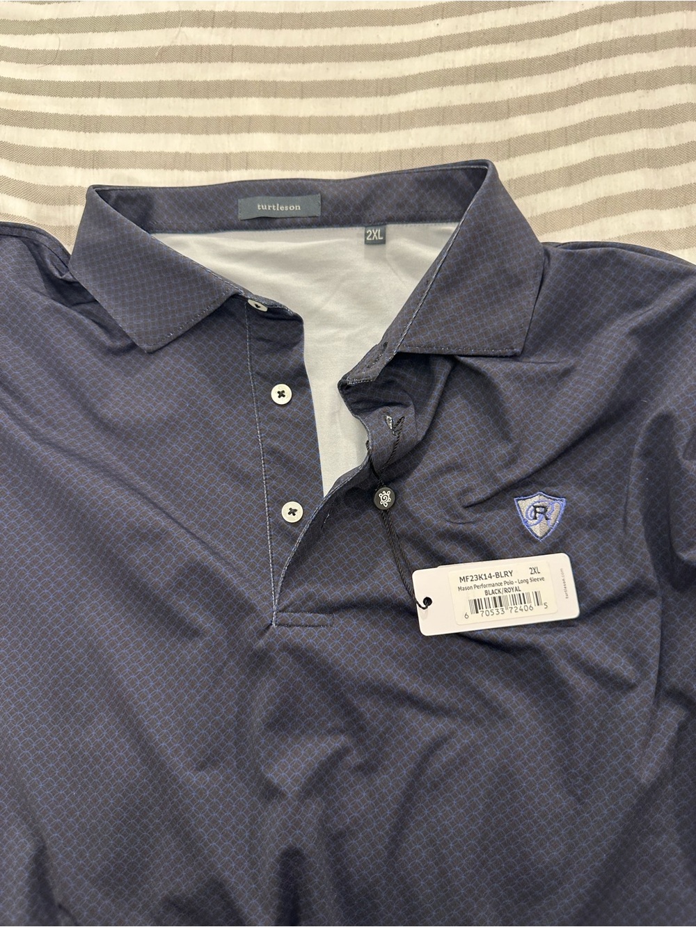 Turtleson Men’s Navy Patterned Golf Long Sleeve Polo Shirt size 2 XL New W Tags